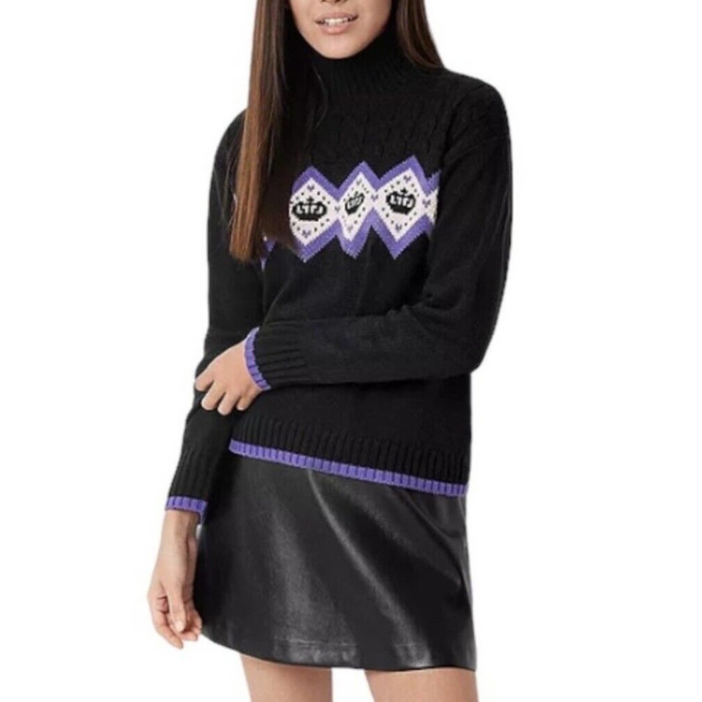 JUICY Couture Sweater Argyle Cable Knit Black Crop L Y2K Purple Crown Mock